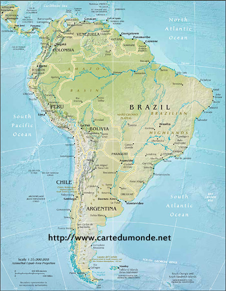 Fizyczna mapa Ameryka Południowa