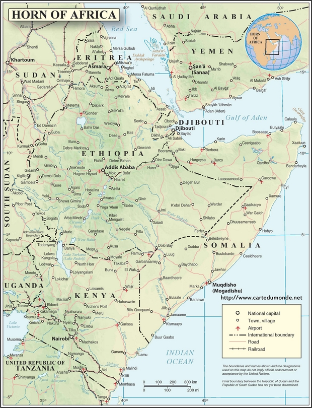 Mapa Cuerno de África Inglés con relieve