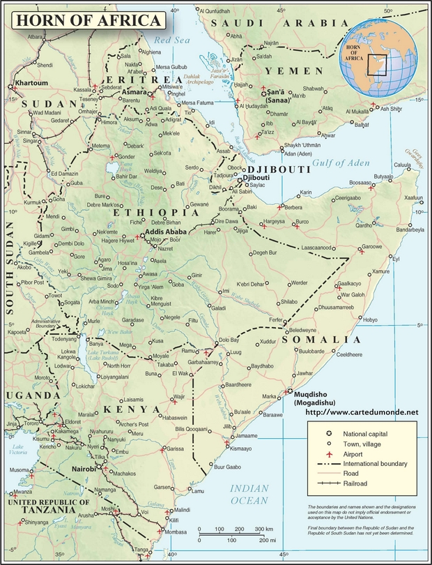 Karte Horn von Afrika Englisch mit geprägtem